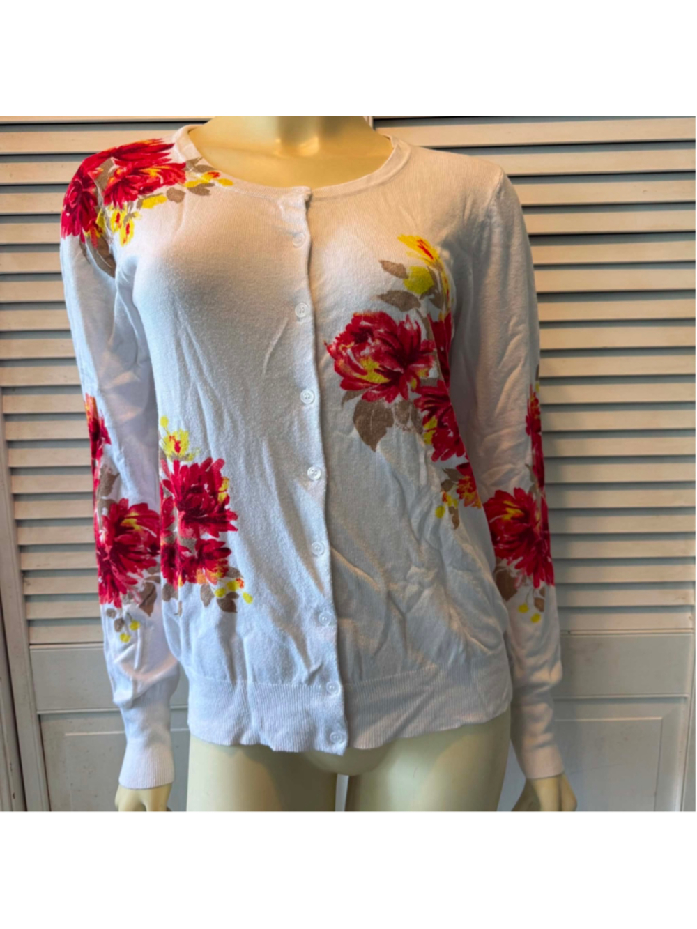 Women's George Floral Cardigan Sweater Size L White Red